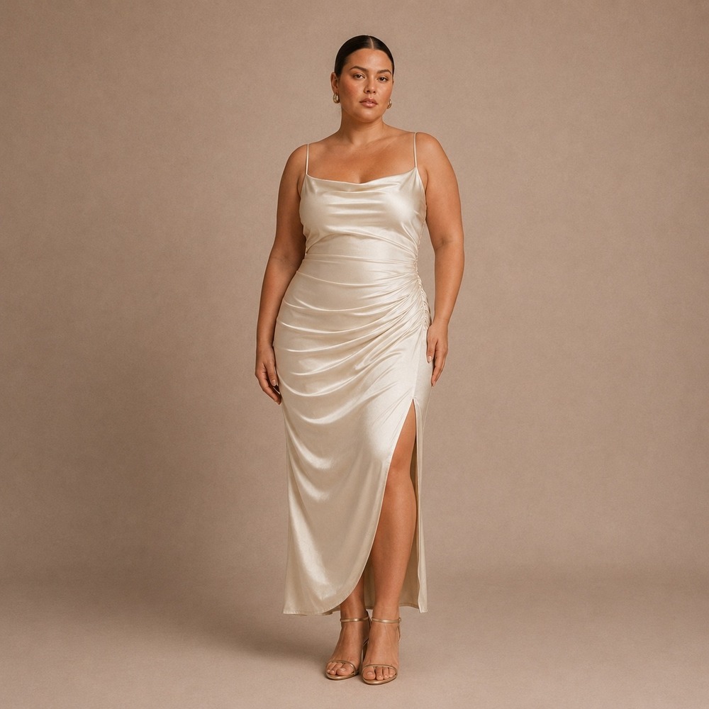 Meshki Claudette Satin Drape Dress Women 3XL Ivory Ruched Formal Wedding Guest